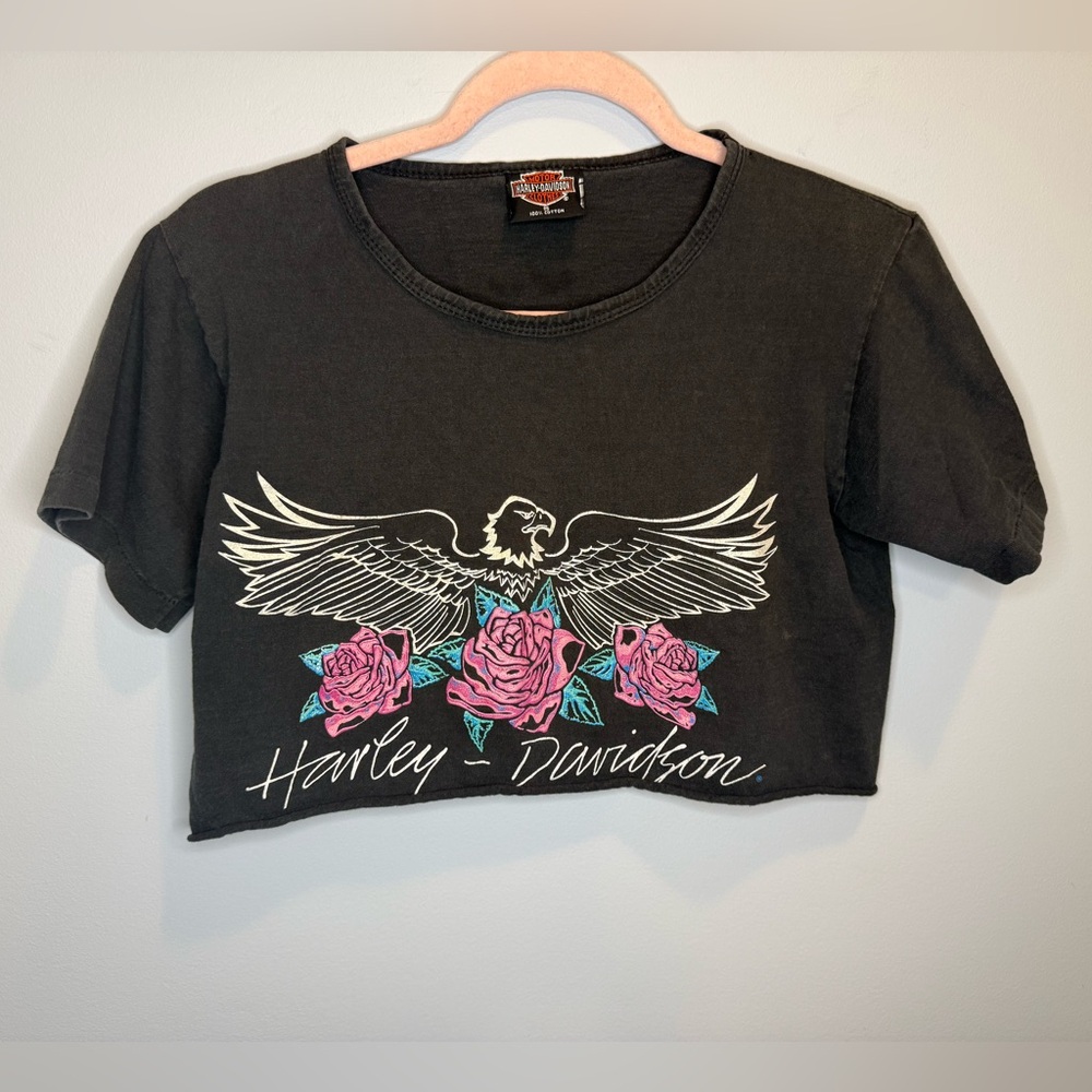 Harley-Davidson Vintage Black Crop Top Eagle and Roses Design Small